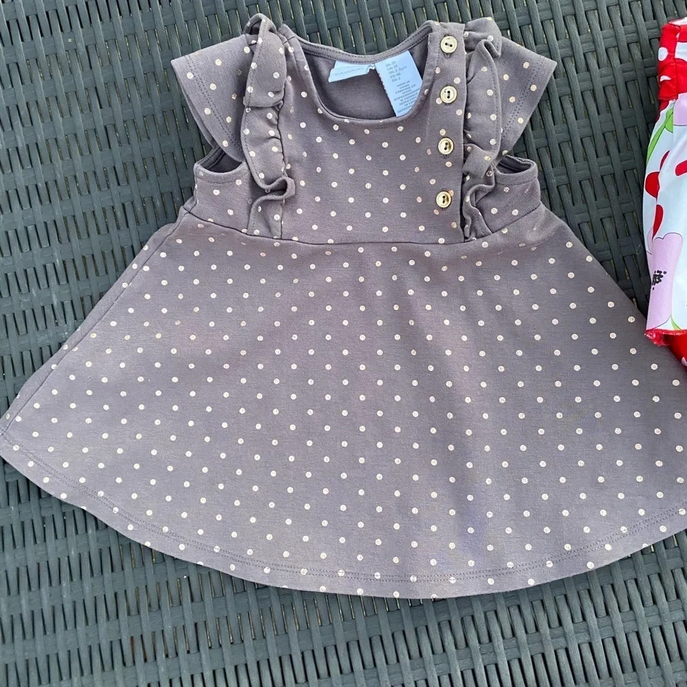 Tahari Girls Gray Gold Polka Dot Dress Size 3T